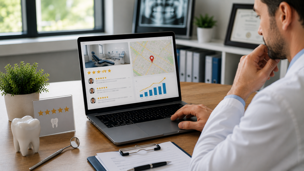 Realistic dental practice marketing scene featuring a dentist analyzing patient reviews, star ratings, local search visibility, and performance trends on a laptop dashboard. The modern dental office includes a dental chair, tooth model, examination tools, certificates, and patient records, creating an authentic clinical environment. Review metrics and local ranking indicators are presented alongside maps and growth charts, highlighting the connection between patient feedback and search performance. Natural lighting, authentic photography style, minimal text, clean 16:9 composition, and a professional focus on how patient reviews influence local SEO rankings for dental practices.
