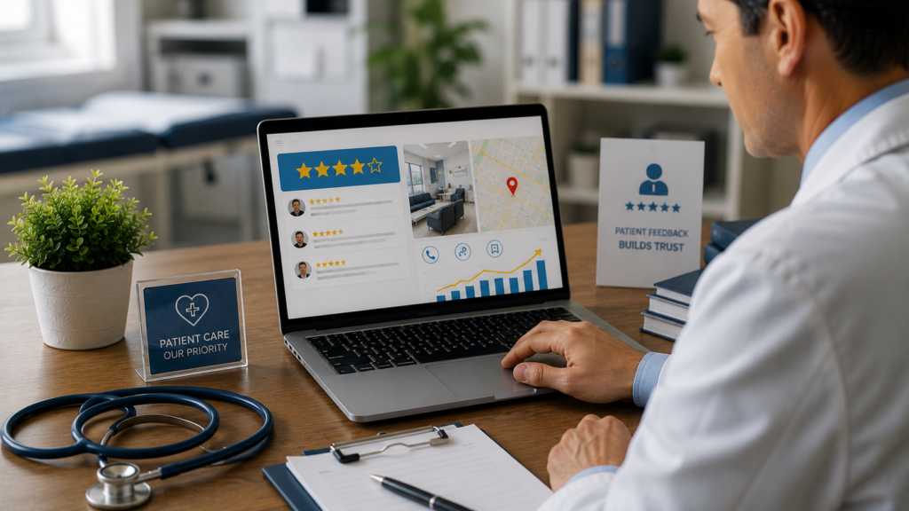 Realistic healthcare marketing scene featuring a medical practice owner or clinic manager reviewing patient feedback and online reputation metrics on a laptop. The screen displays patient reviews, star ratings, review trends, local map visibility, and search performance indicators connected to clinic rankings. A modern healthcare office setting with medical documents, a stethoscope, and professional décor reinforces trust and patient care. Natural lighting, authentic photography style, minimal text, clean 16:9 composition, and a professional focus on how positive patient reviews influence local search rankings and healthcare visibility.