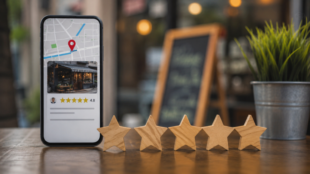 Realistic digital marketing scene showing a local business prominently displayed in search results with star ratings and customer reviews influencing its position. A professional analytics dashboard in the background visualizes ranking improvements, customer feedback trends, and local search visibility. Modern office setting, authentic photography style, natural lighting, clean composition, minimal on-image text, 16:9 format.