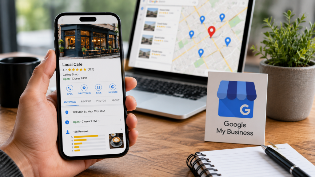 Realistic digital marketing workspace featuring a laptop and smartphone displaying a local business profile with ratings, reviews, business details, and map location. The scene highlights how local SEO helps businesses appear in local search results and maps, with a warm professional office environment, natural lighting, minimal on-screen text, and a clean 16:9 composition focused on local business visibility and customer discovery.