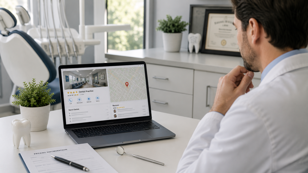 Realistic dental practice workspace featuring a dentist reviewing a clinic’s online presence on a laptop displaying local search listings, patient reviews, appointment information, and map visibility. The modern dental office includes a dental chair, oral care instruments, a tooth model, and professional certifications, creating an authentic healthcare environment. Bright natural lighting, clean clinical design, authentic photography style, minimal text, and a 16:9 composition focused on how local SEO helps dentists improve online visibility, attract nearby patients, and grow their practice.