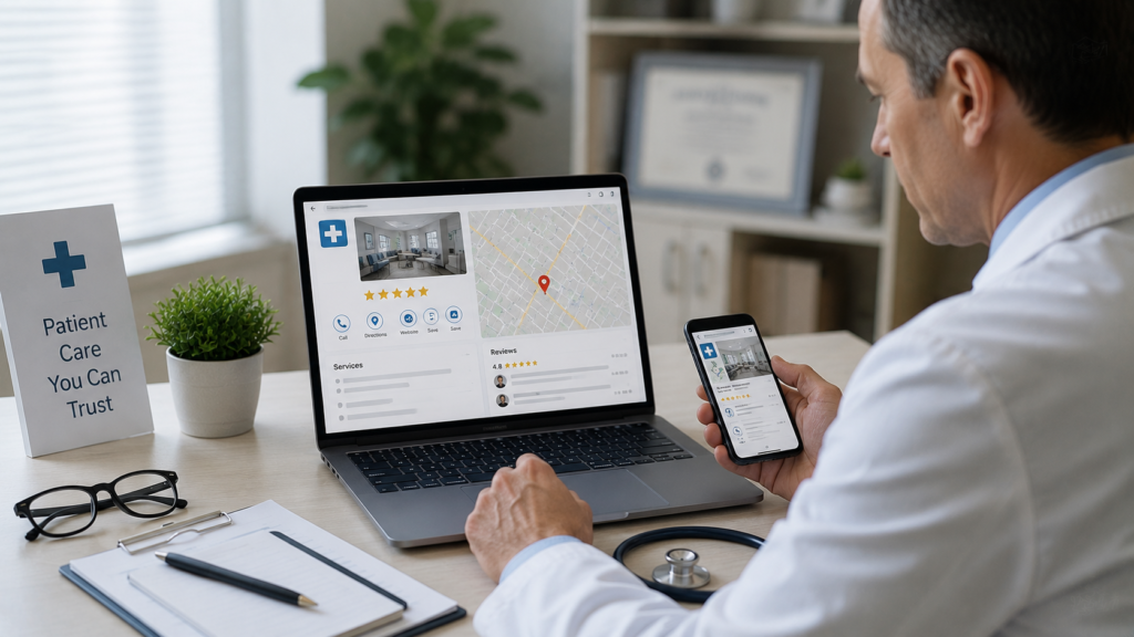 Realistic healthcare marketing scene featuring a doctor reviewing a medical practice’s online presence on a laptop and smartphone displaying local search listings, patient reviews, clinic information, appointment options, and map visibility. The modern medical office includes healthcare equipment, professional certificates, and organized work materials, emphasizing trust and patient accessibility. Bright natural lighting, authentic photography style, minimal text, clean 16:9 composition, and a professional focus on helping medical practices improve local search visibility and attract nearby patients.