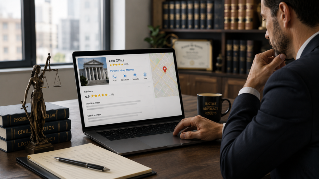 Realistic law office workspace featuring an attorney reviewing a law firm's online presence on a laptop displaying local search listings, client reviews, office location information, legal service profiles, and map visibility. The professional setting includes legal documents, a gavel, law books, and framed certificates, emphasizing trust and expertise. Natural lighting, authentic corporate photography style, minimal text, clean 16:9 composition, and a focus on how local SEO helps lawyers improve visibility in local search results, attract potential clients, and grow their legal practice.