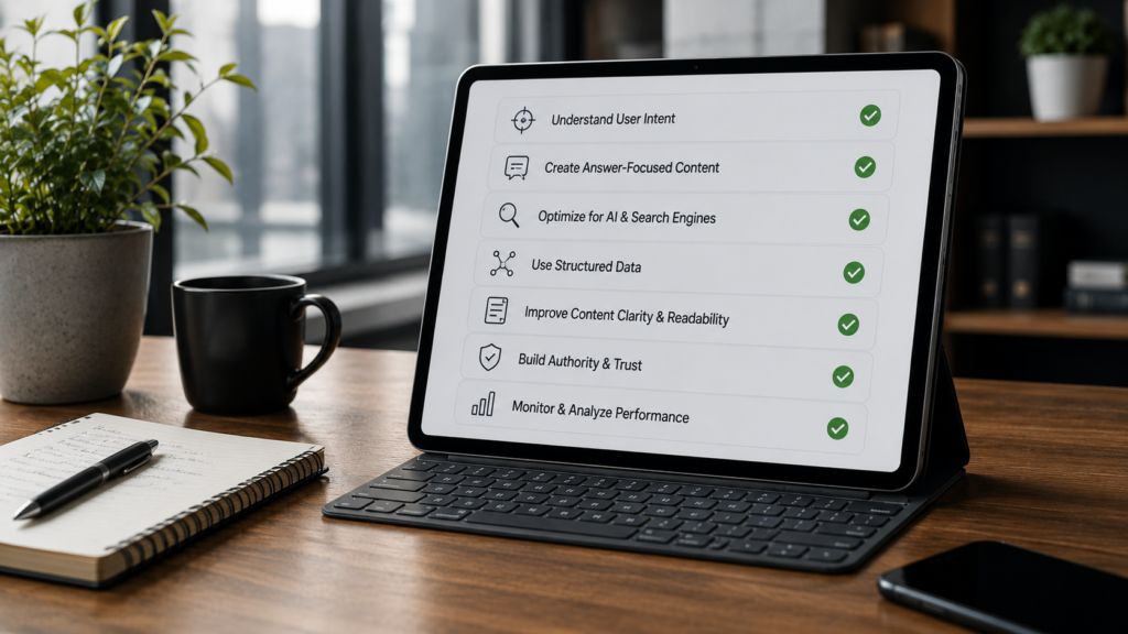 Modern digital marketing workspace displaying an Answer Engine Optimization checklist with best practices for AI search visibility, structured data, user intent optimization, content clarity, authority building, and performance monitoring for 2026.