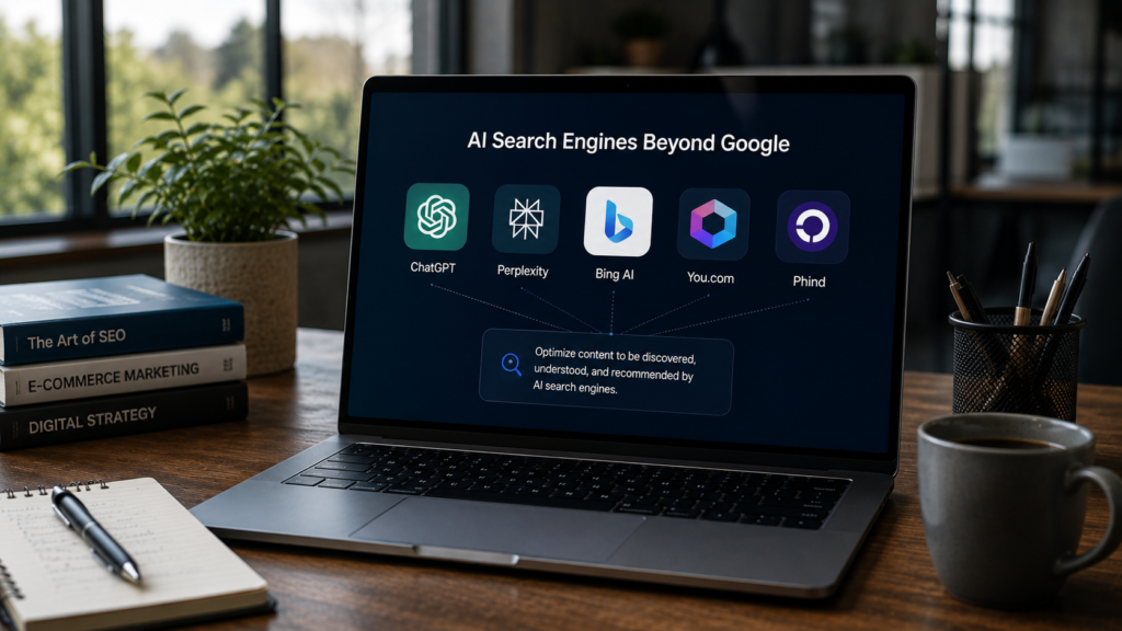 Realistic digital marketing workspace showing AI search optimization across multiple AI-powered search platforms with semantic search, answer-focused content, structured data, and cross-platform visibility beyond traditional search engines.