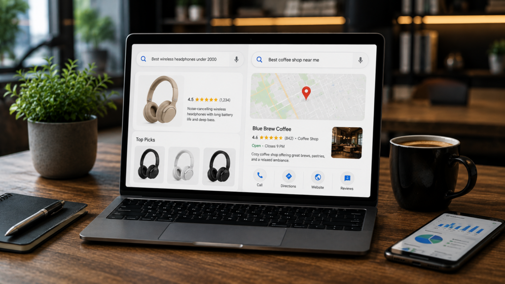 Photorealistic workspace displaying AI-powered search results for ecommerce products and local business listings, illustrating Answer Engine Optimization strategies for product discovery, local visibility, customer reviews, and location-based search.