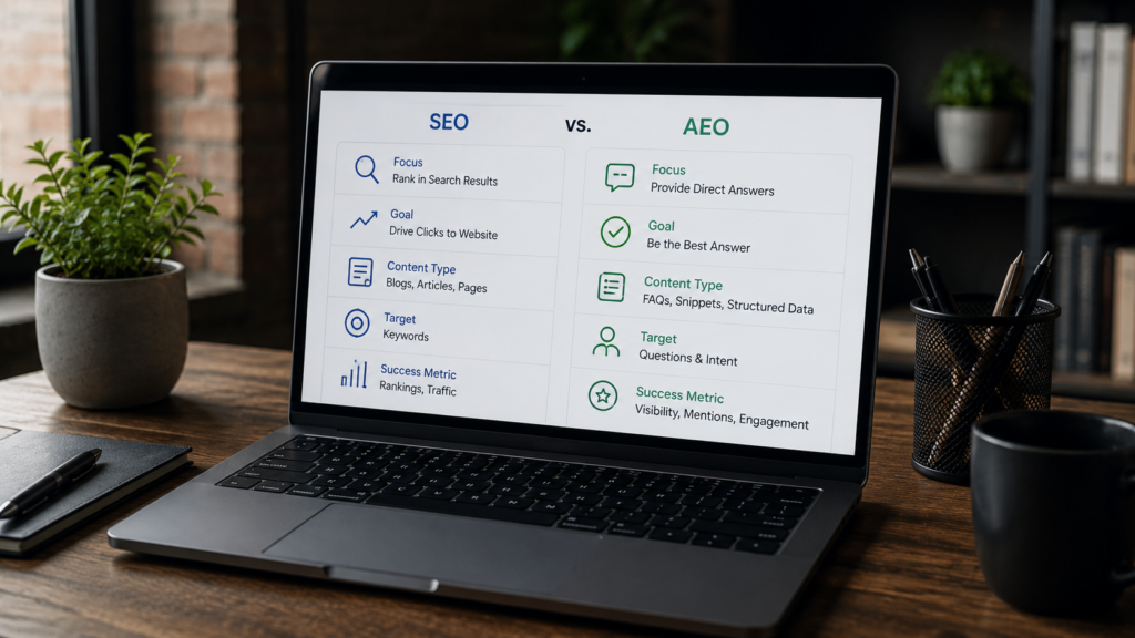 Modern workspace displaying a side-by-side comparison of Answer Engine Optimization and Search Engine Optimization with visual dashboards highlighting differences in content strategy, search visibility, user intent, structured data, and AI-powered search optimization