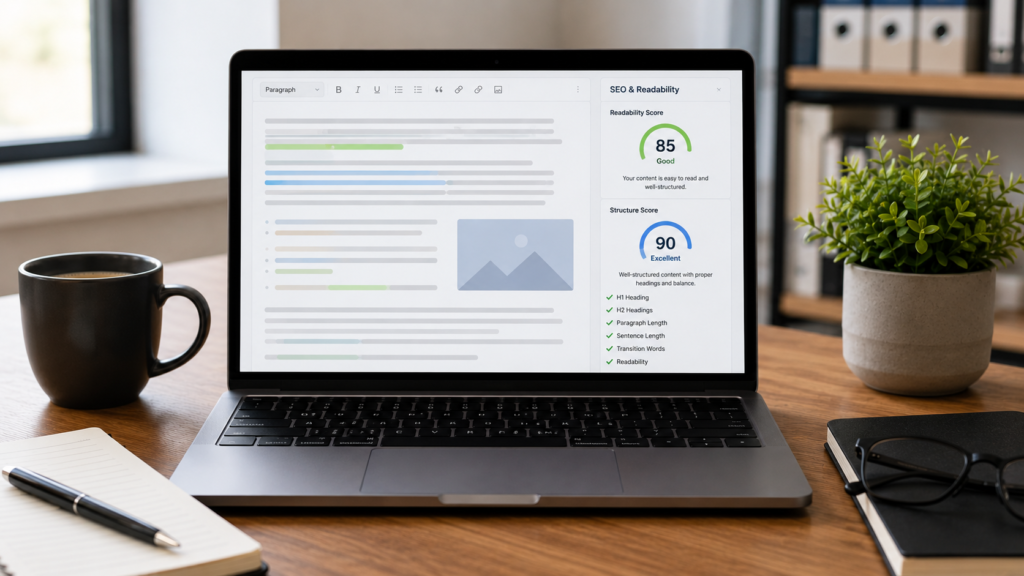 Realistic AI SEO content editor displaying readability scores, content structure analysis, heading optimization, paragraph quality checks, and writing improvement recommendations on a laptop screen in a modern professional workspace with natural lighting.