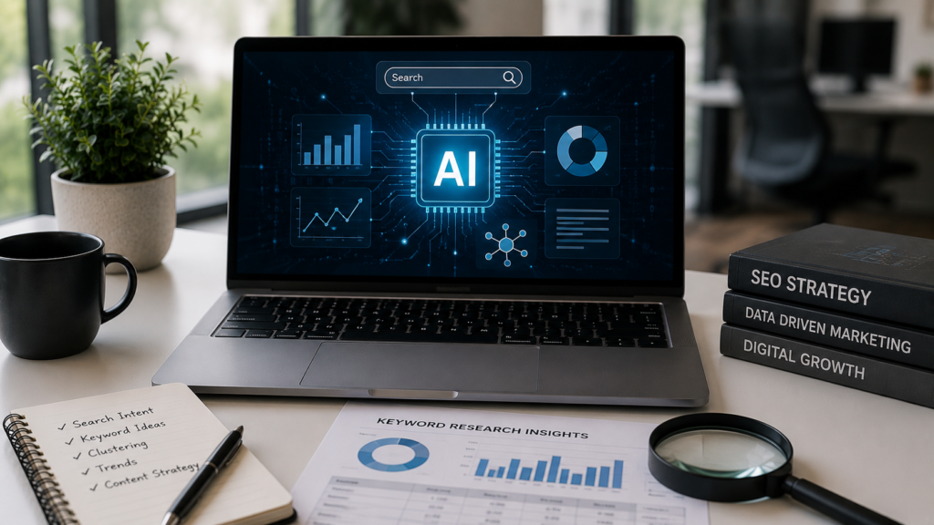Realistic futuristic SEO workspace featuring an AI-powered analytics dashboard displaying keyword trends, search intent insights, predictive search data, and content opportunities. The scene includes a modern laptop, data visualizations, digital marketing reports, and advanced technology elements, illustrating how artificial intelligence is transforming keyword research and SEO strategy in 2026.