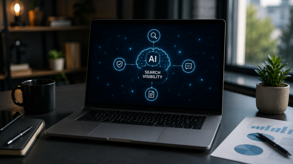 Professional workspace featuring an AI search visibility dashboard that illustrates how structured content, entity optimization, search intent alignment, and authoritative information improve visibility across AI-powered search engines and generative search platforms.