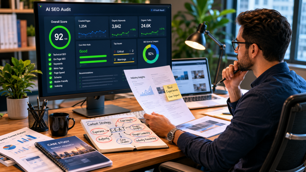 Senior SEO strategist reviewing a high-scoring AI SEO audit dashboard while analyzing expert research, case studies, and E-E-A-T signals, illustrating how AI audit tools cannot accurately judge genuine expertise, authority, and real-world industry knowledge.