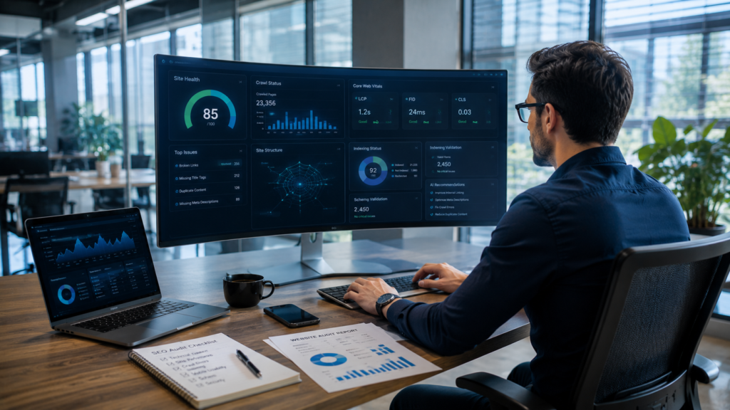 SEO specialist conducting a comprehensive AI-powered website audit using a large dashboard displaying site health scores, crawl analysis, Core Web Vitals, indexing status, schema validation, page speed metrics, and technical SEO recommendations in a modern enterprise office with natural daylight.