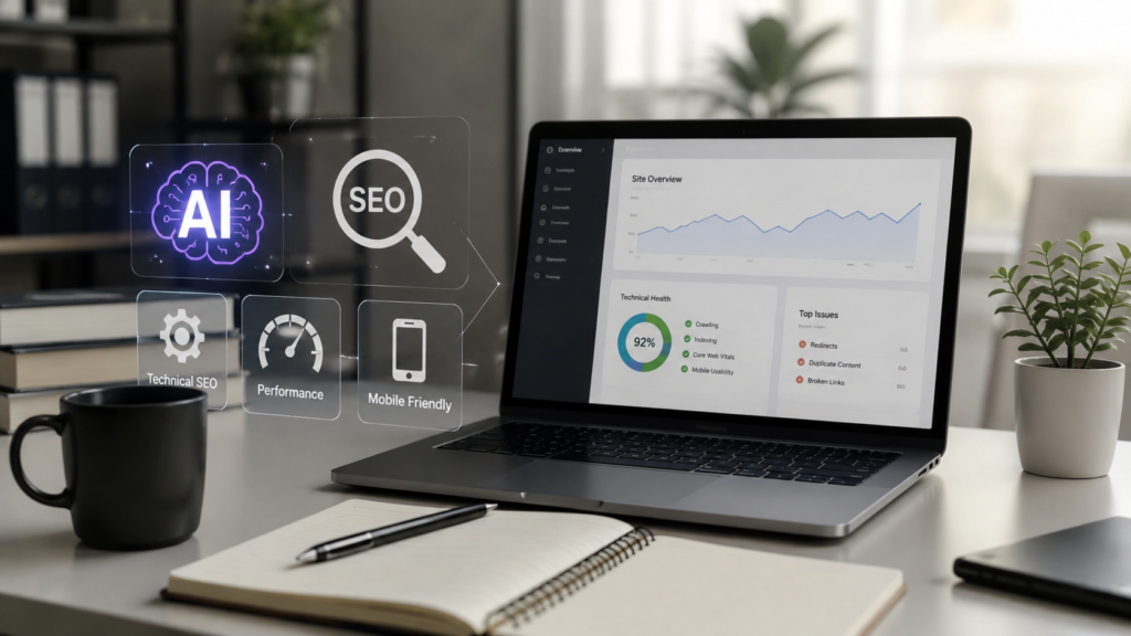 Professional workspace showing an AI SEO dashboard with technical website health metrics, search optimization analytics, and performance insights representing AI SEO basics and technical foundations for beginners.