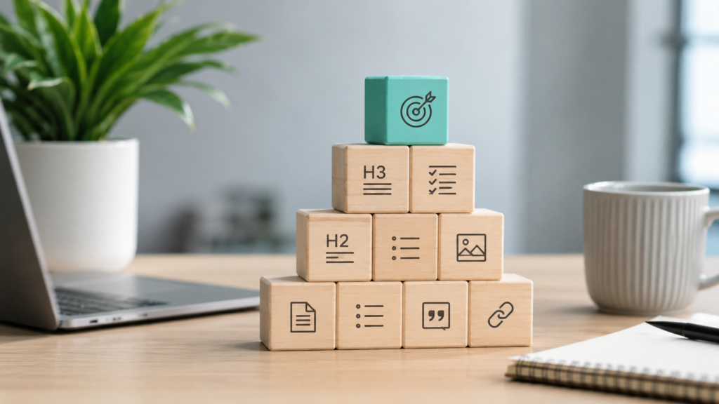 Pyramid of neatly stacked wooden blocks arranged on a modern office desk, each displaying content structure elements such as headings, lists, images, links, and formatting icons, symbolizing AI SEO content writing's ability to maintain structural consistency. The scene features a laptop, notebook, coffee mug, indoor plant, and natural daylight in a professional workspace with a clean, organized, and realistic business-focused aesthetic.