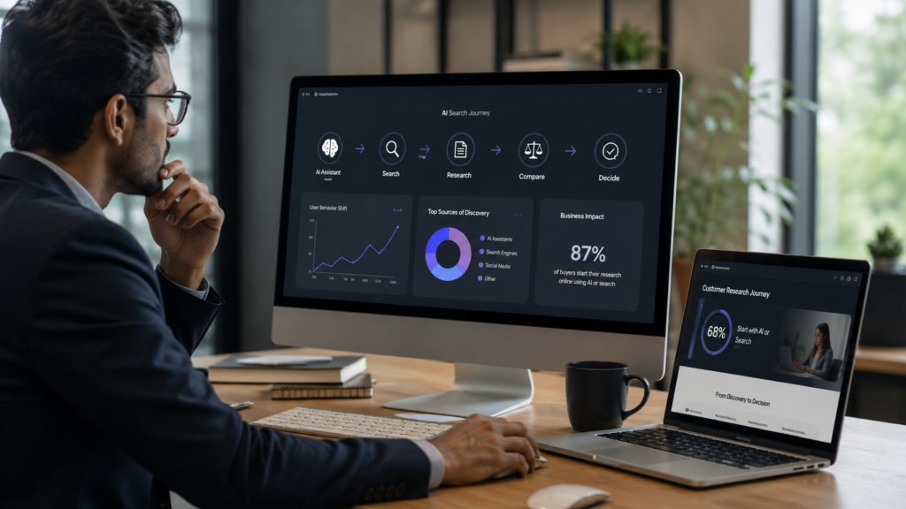 Business professional analyzing AI-powered search and SEO dashboards showing how modern buyers begin product research through AI search, search engines, and digital discovery platforms before making purchasing decisions.