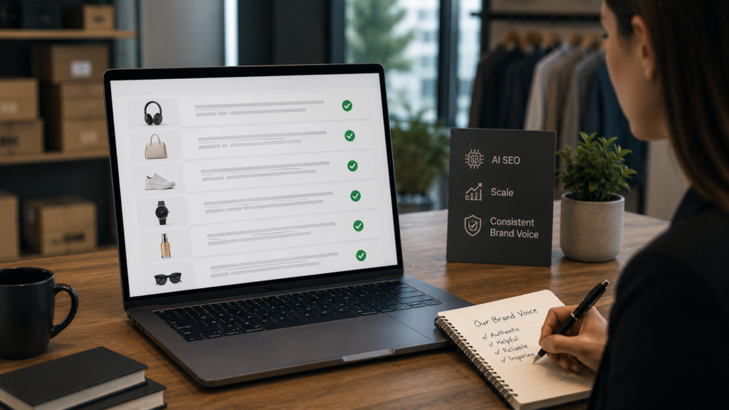 Ecommerce content manager using AI SEO tools to generate and optimize product descriptions across a large product catalog while maintaining consistent brand voice, messaging standards, and search visibility in a professional ecommerce workspace.