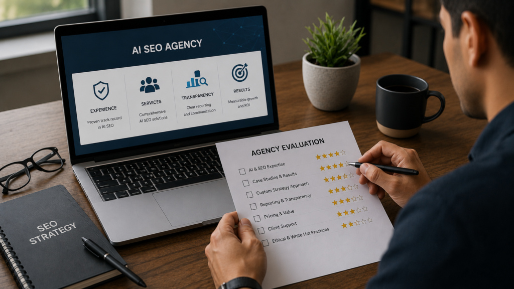 Business professional evaluating AI SEO agencies using a structured selection checklist, comparing expertise, transparency, reporting, case studies, pricing, and proven SEO results to choose the right digital marketing partner.