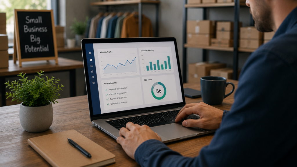Small business owner using AI-powered SEO tools to improve website traffic, keyword rankings, content optimization, and online visibility while managing an e-commerce or local business operation.