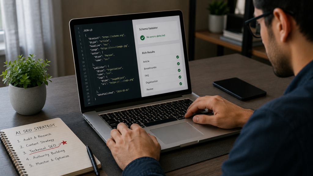 SEO specialist strengthening technical SEO and structured data implementation using schema markup, JSON-LD validation, rich results testing, and AI-driven optimization techniques to improve search engine visibility and website performance.