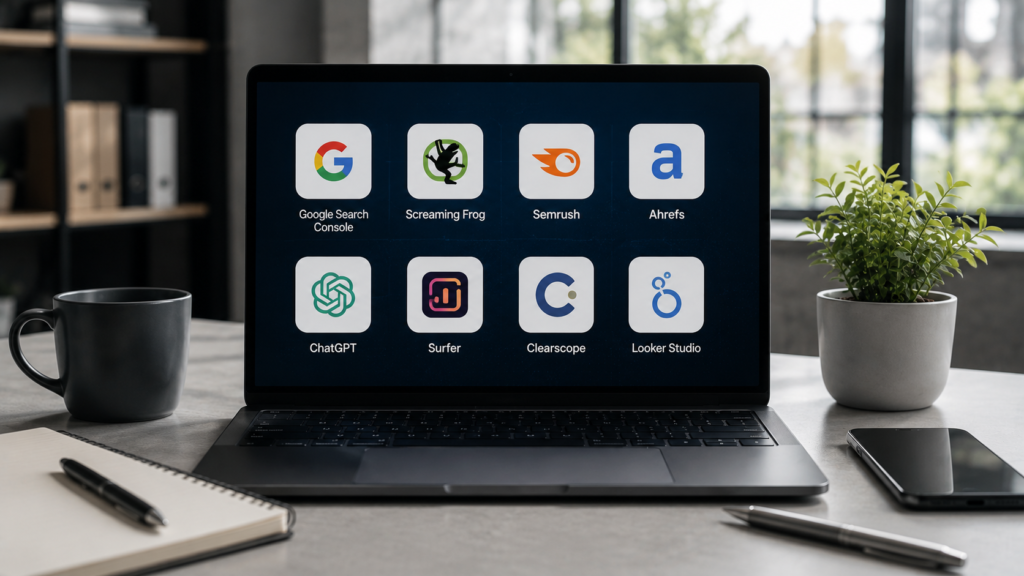 Modern workstation featuring AI SEO software and analytics platforms with dashboards for keyword research, technical SEO, content optimization, website auditing, search performance tracking, and AI-powered digital marketing workflows.
