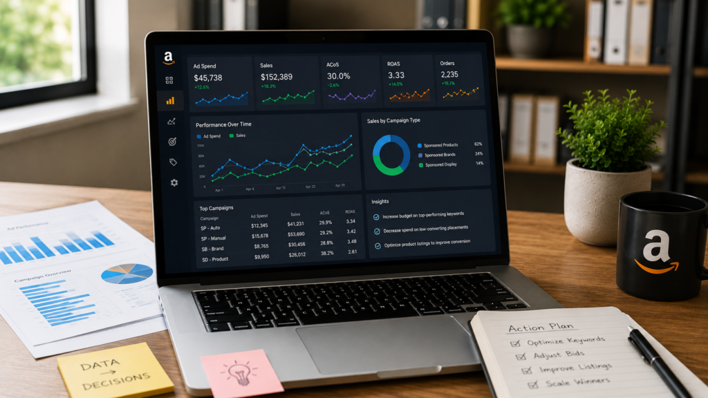 Professional Amazon advertising analytics dashboard displaying campaign performance metrics, sales trends, conversion data, customer insights, and marketing intelligence used to make strategic business decisions. Realistic office workspace featuring advanced data visualization, reporting tools, and actionable advertising analytics.