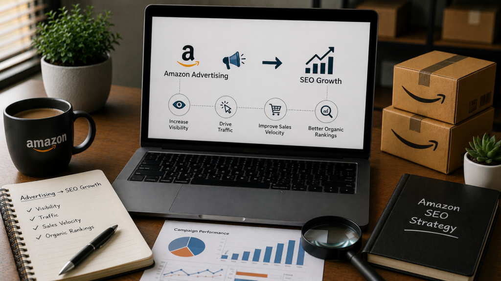 Realistic Amazon ecommerce marketing workspace featuring a laptop displaying the relationship between Amazon advertising campaigns and organic SEO performance. The desk includes campaign analytics reports, keyword ranking charts, Amazon shipping boxes, a notebook outlining visibility, traffic, sales velocity, and ranking improvements, along with a magnifying glass, coffee mug, and SEO strategy materials. The scene illustrates how Amazon advertising supports product visibility, drives traffic and conversions, increases sales momentum, and contributes to stronger organic search rankings within the Amazon marketplace.