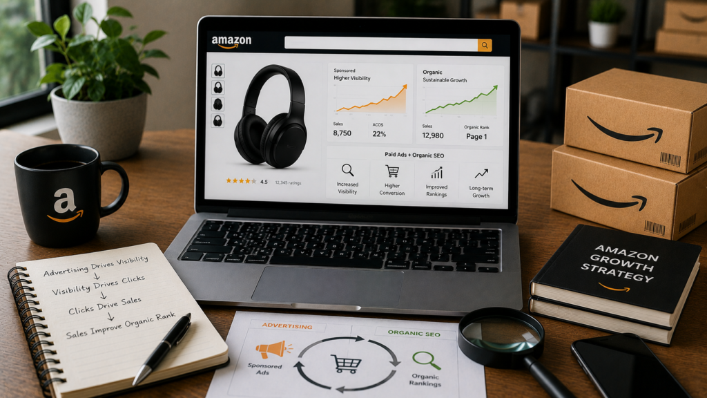 Realistic Amazon seller analytics workspace featuring a laptop displaying Amazon advertising performance metrics alongside organic search ranking trends. The desk includes ecommerce reports, keyword tracking charts, shipping boxes, a notebook illustrating the connection between paid ads and organic visibility, a magnifying glass, coffee mug, and business planning materials. The scene demonstrates how Amazon advertising can increase product visibility, drive sales velocity, and support long-term organic SEO growth within the Amazon marketplace.