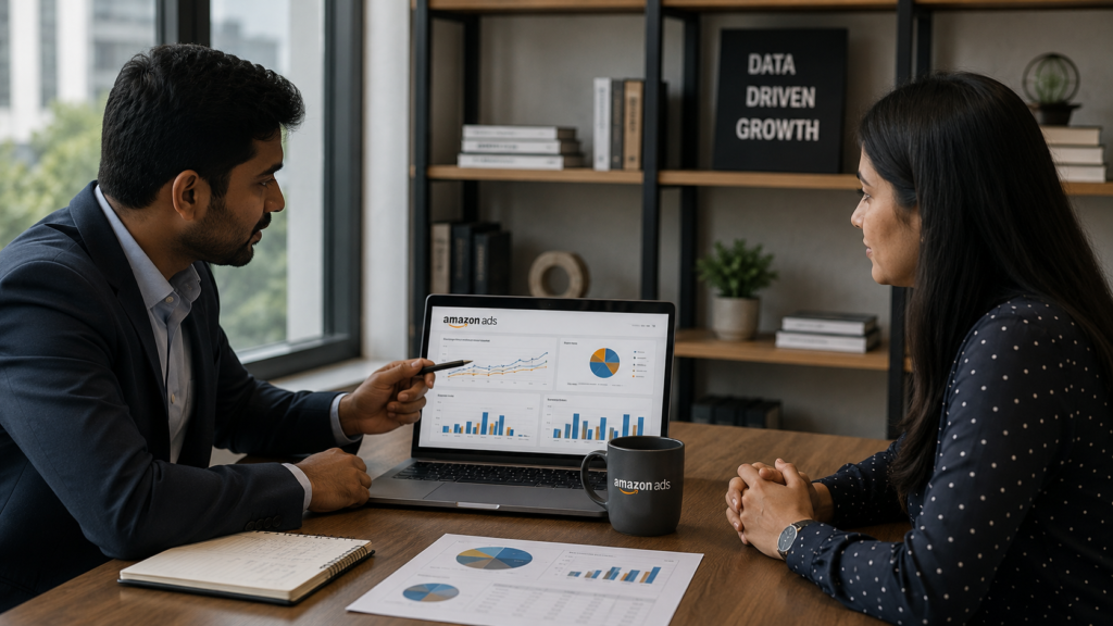 Professional consultation between a business owner and an Amazon Advertising India agency specialist reviewing campaign performance reports, advertising analytics, growth strategies, and marketplace marketing results. Realistic corporate meeting environment with Amazon ads dashboard, performance charts, and strategic planning discussions in a modern office.