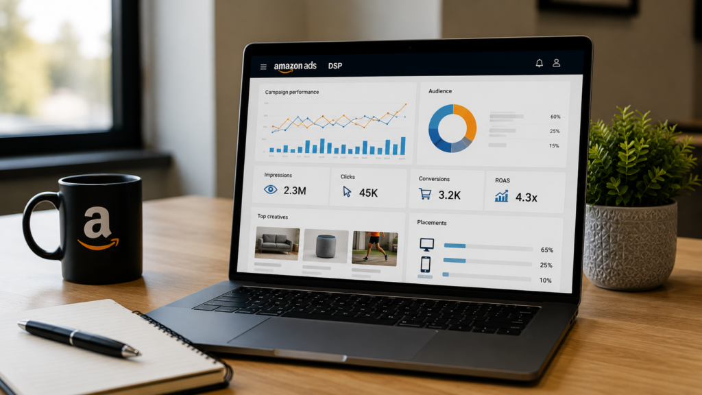 Professional Amazon DSP advertising dashboard displayed on a laptop in a modern office workspace, featuring audience targeting analytics, programmatic advertising performance, campaign reach metrics, conversion tracking, ROAS reporting, and cross-channel advertising insights. Realistic business environment focused on data-driven digital advertising.