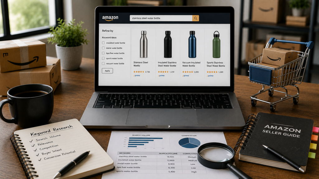 Realistic Amazon seller workspace featuring a laptop displaying Amazon product search results and keyword research data for ecommerce optimization. The desk includes shipping boxes, a keyword research notebook, search volume and competition reports, a magnifying glass, coffee mug, and seller guide materials, illustrating the process of finding and optimizing the right Amazon keywords to improve product visibility, search rankings, and conversion potential.