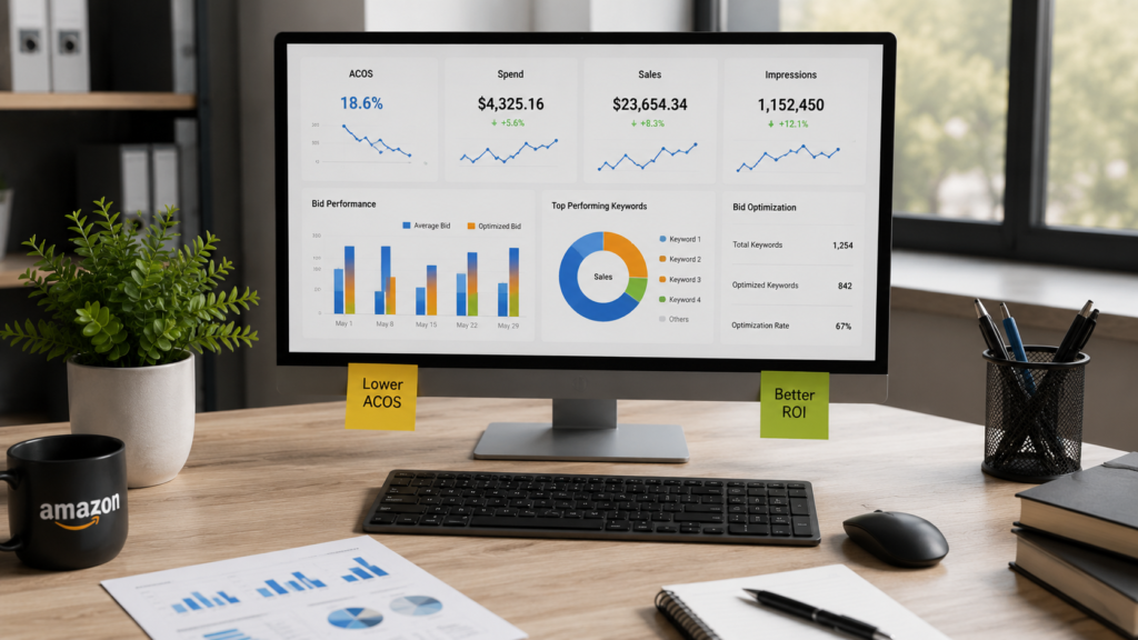 Professional Amazon PPC bid management and optimization dashboard displaying advertising performance metrics, bid adjustment analytics, keyword bidding strategies, cost-per-click trends, ACoS monitoring, and campaign optimization insights. Realistic office workspace with business reports, analytics tools, and data-driven advertising management.