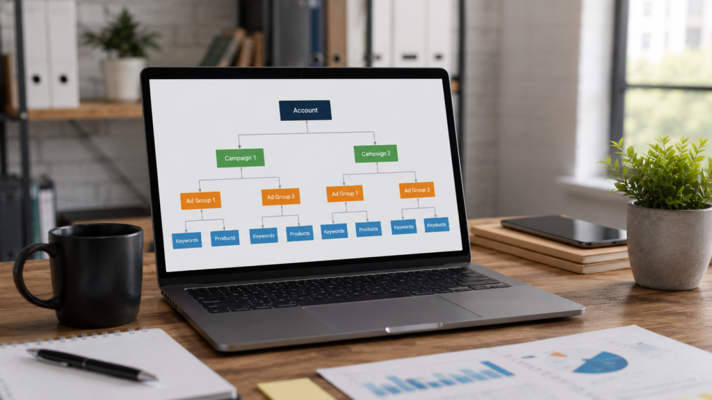 Professional digital marketing workspace displaying a structured Amazon PPC campaign framework with organized ad groups, keyword targeting strategies, campaign segmentation, bidding optimization, and performance tracking dashboards. Realistic office environment featuring marketing analytics and campaign management tools.