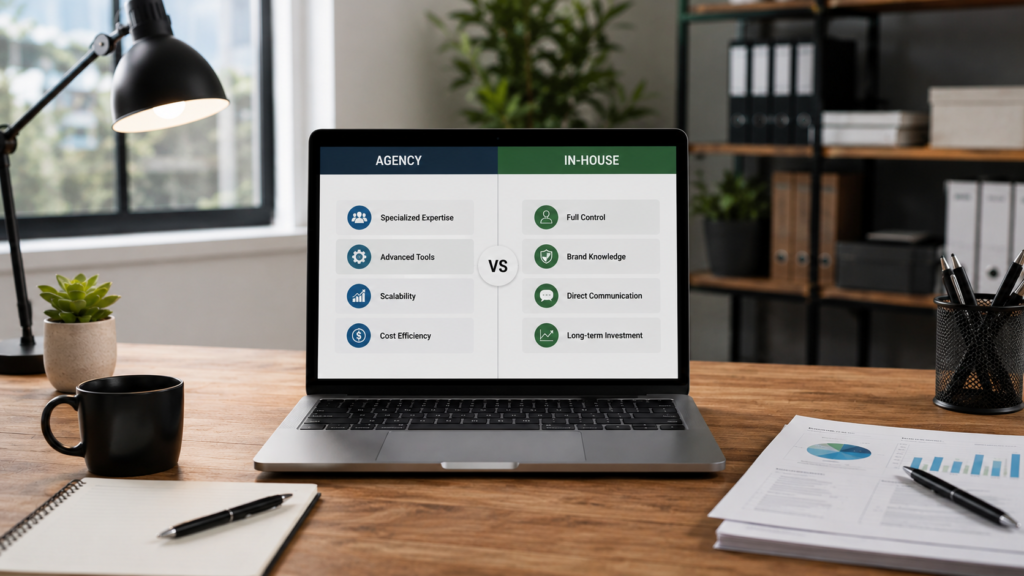 Professional business workspace featuring a side-by-side comparison of Amazon PPC management agency services versus in-house management. The display highlights differences in expertise, tools, scalability, control, communication, and resource allocation within a realistic corporate office environment.