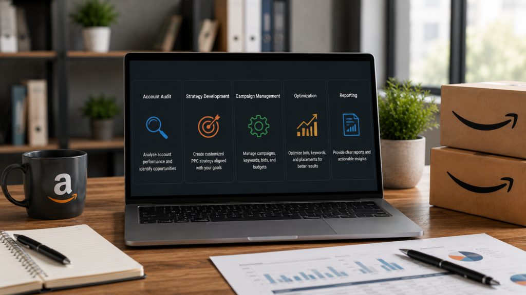Professional Amazon PPC management services dashboard displayed in a modern business workspace, featuring campaign optimization, keyword research, bid management, performance reporting, advertising analytics, and account management insights. Realistic office setting with marketing professionals monitoring advertising performance and growth metrics.