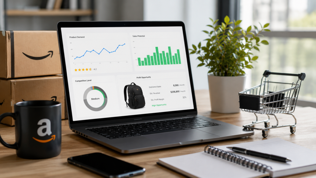 Professional e-commerce research workspace featuring product analytics dashboards, market trend data, sales performance charts, and product opportunity insights for Amazon sellers. Realistic office environment with modern technology, data-driven research tools, and business intelligence displays focused on identifying profitable products.