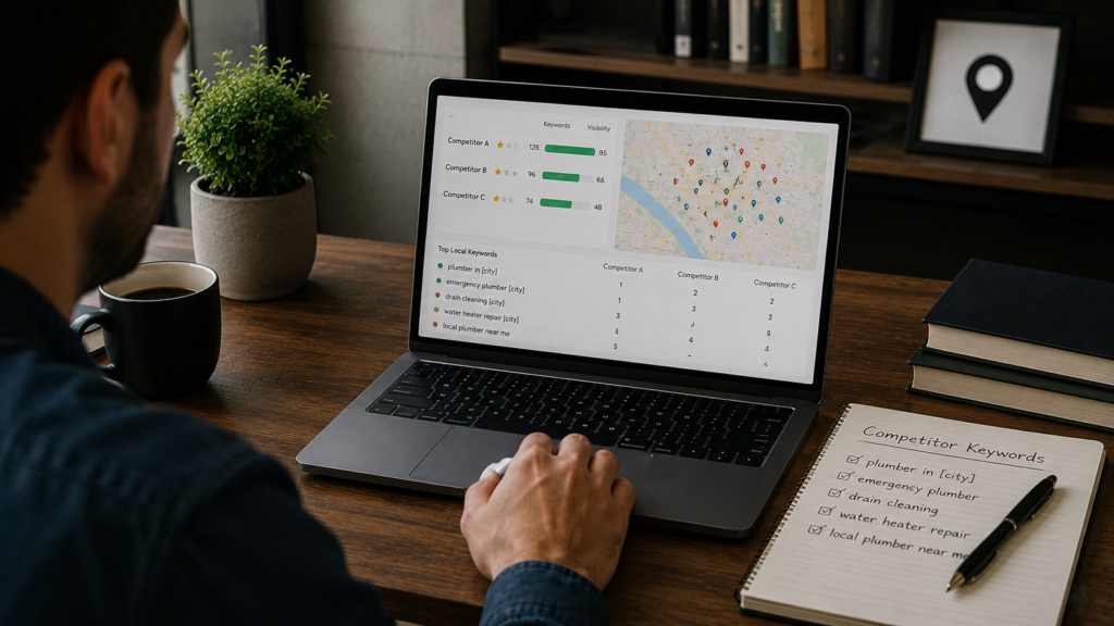 SEO professional analyzing competitor local keywords on a laptop displaying search visibility data, keyword rankings, competitor comparisons, and location-based search performance metrics, with research notes and business intelligence tools arranged in a realistic modern office workspace.