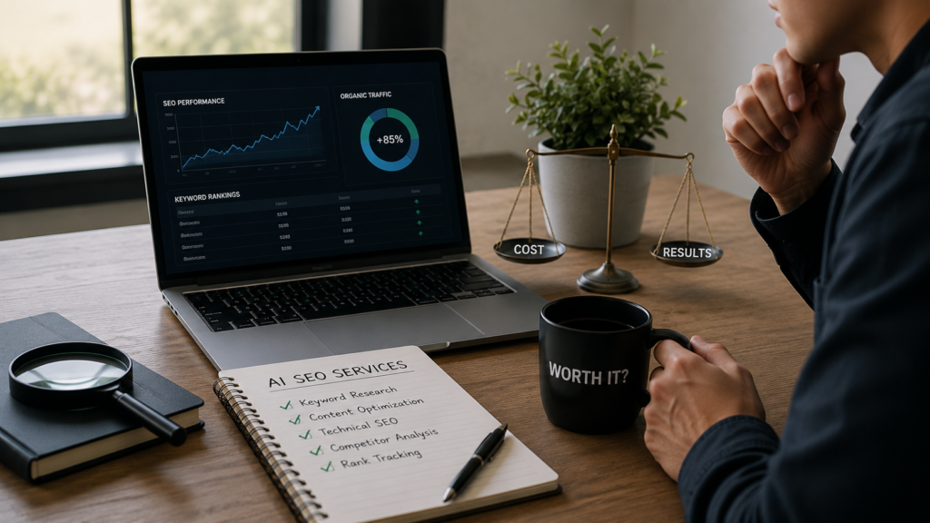 Business professional evaluating AI SEO services by comparing SEO performance metrics, organic traffic growth, keyword rankings, service costs, and return on investment to determine long-term digital marketing value.