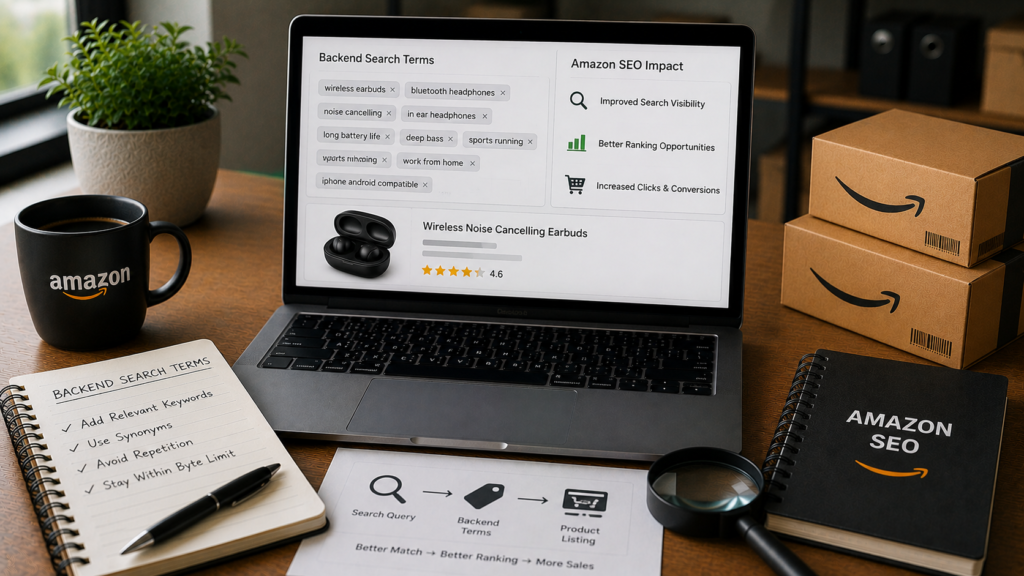Realistic Amazon SEO workspace featuring a laptop displaying backend search term fields, hidden keyword optimization settings, and product listing performance metrics. The desk includes Amazon shipping boxes, a backend keyword checklist notebook, SEO strategy materials, a magnifying glass, coffee mug, and ecommerce analytics reports. The scene illustrates how backend search terms help Amazon sellers improve product discoverability, expand keyword coverage, increase search visibility, and support higher organic rankings without displaying keywords directly on the product page.