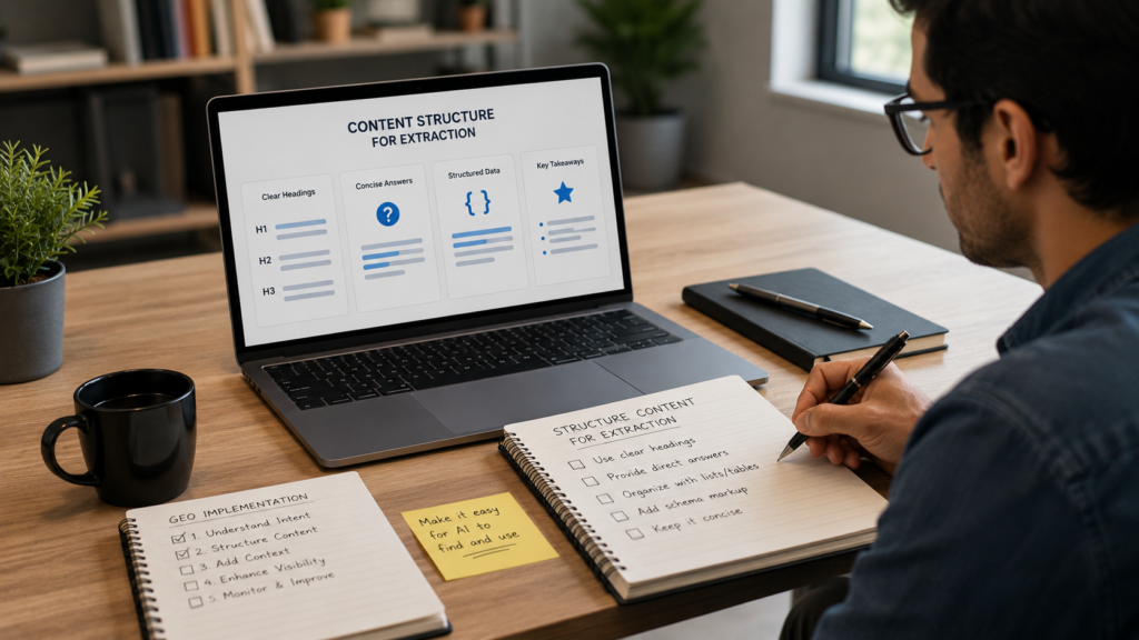 Content strategist organizing website content with clear headings, concise answers, structured data, and key takeaways to improve AI extraction and GEO performance, demonstrating how to structure content for generative search engines in a professional workspace.