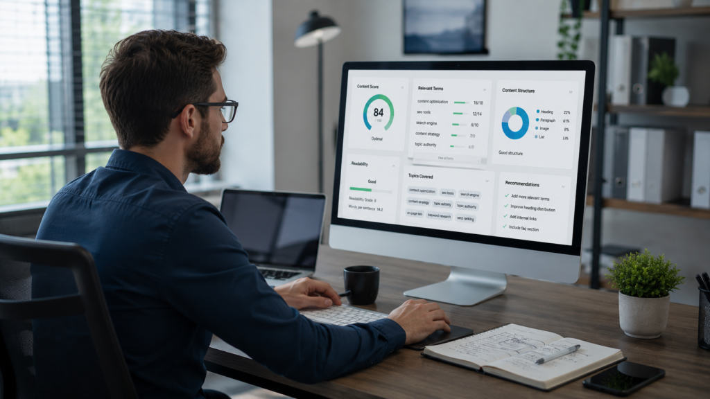 SEO content strategist analyzing an AI-powered content optimization dashboard displaying content scores, semantic keyword recommendations, readability metrics, topic relevance insights, and search performance data on a large monitor in a modern professional office with natural lighting.