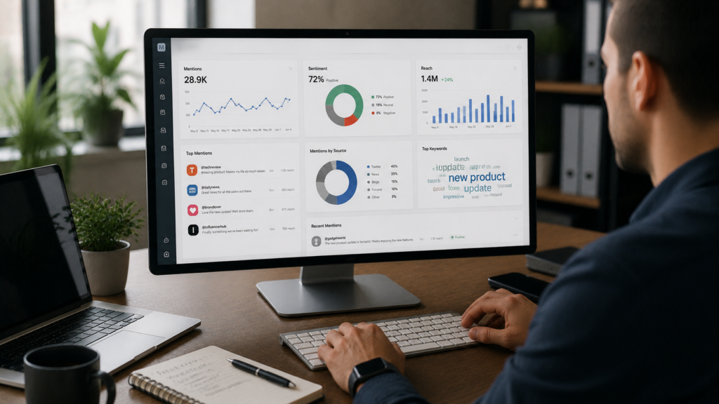 Social media manager monitoring brand mentions, online conversations, audience sentiment, and real-time engagement alerts through a comprehensive monitoring dashboard displayed on a computer screen, with multiple social platforms and performance insights visible in a realistic modern office environment focused on reputation management and social listening.