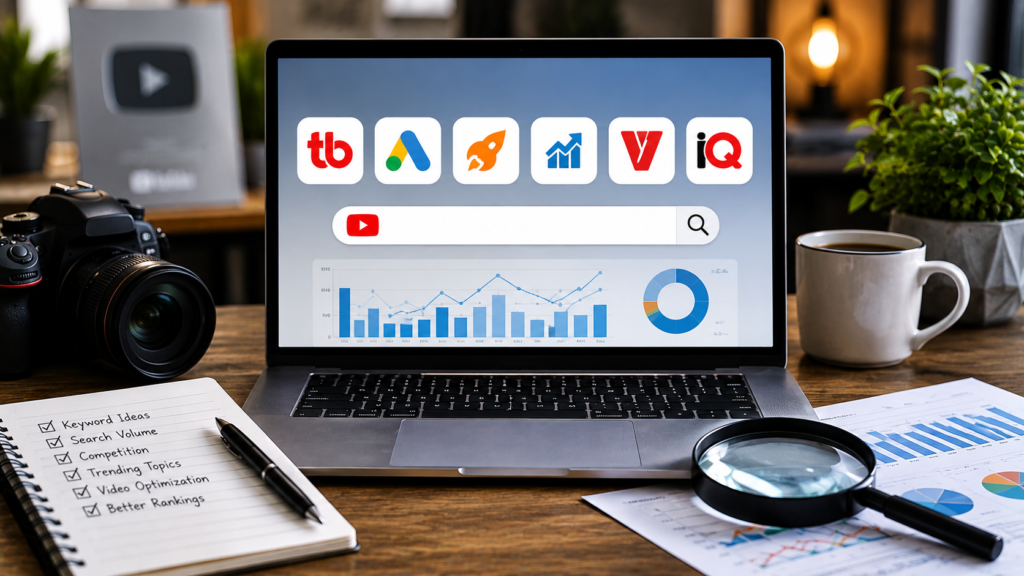Realistic content creator workspace featuring a laptop displaying YouTube keyword research and analytics dashboards, surrounded by SEO performance reports, a camera, a magnifying glass, and content planning notes. The image represents the best YouTube keyword research tools and optimization solutions for improving video rankings, search visibility, and audience growth