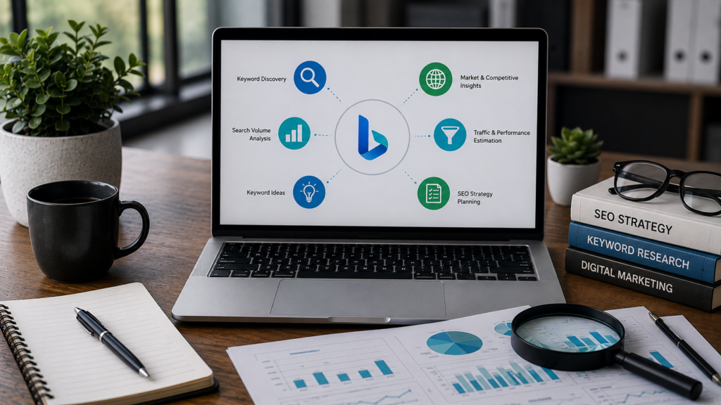 Realistic digital marketing workspace featuring a laptop displaying a Bing-focused keyword research toolkit dashboard with keyword discovery, search volume analysis, keyword ideas, traffic estimation, SEO planning, and competitive insights. The desk includes analytics reports, a magnifying glass, notebook, coffee mug, books, and office accessories, illustrating the complete set of Bing keyword research tools used to identify search opportunities and improve SEO performance.