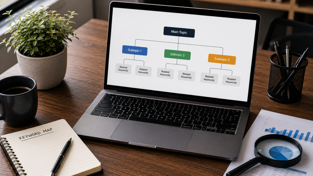 Realistic SEO planning workspace featuring a laptop displaying a keyword mapping structure with a main topic, related subtopics, and supporting keywords. The desk includes a notebook labeled for keyword mapping, analytics reports, a magnifying glass, coffee mug, and office supplies, illustrating the process of organizing keywords into a strategic content and SEO architecture.