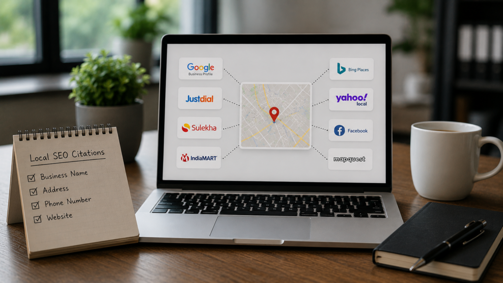Professional local SEO citation management workspace featuring a laptop displaying multiple business directory listings with consistent business name, address, and phone number information across platforms. The realistic office environment includes local SEO reports, citation tracking documents, business profile management tools, and analytics dashboards focused on improving local search visibility and trust signals.