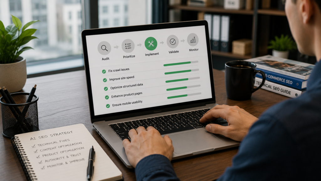 Ecommerce SEO specialist implementing technical SEO improvements through a structured workflow, prioritizing crawl optimization, site speed enhancements, structured data, mobile usability, and product page optimization to strengthen an AI-powered ecommerce SEO strategy.