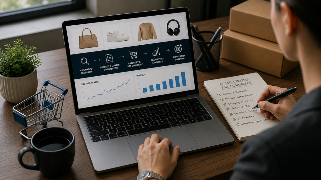 Ecommerce marketer creating an AI SEO strategy using keyword research, product page optimization, category structure improvements, AI analytics, technical SEO, and conversion-focused insights to increase online store traffic and sales.