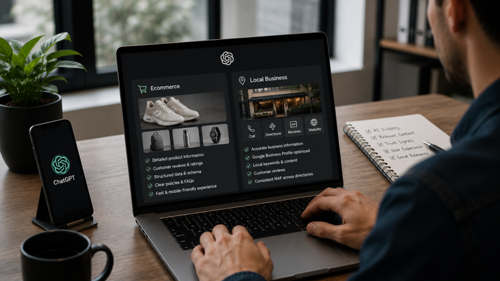 Digital marketer optimizing ecommerce products and local business information for ChatGPT Search using structured content, accurate business details, product data, customer reviews, and AI-friendly SEO practices in a modern professional workspace.