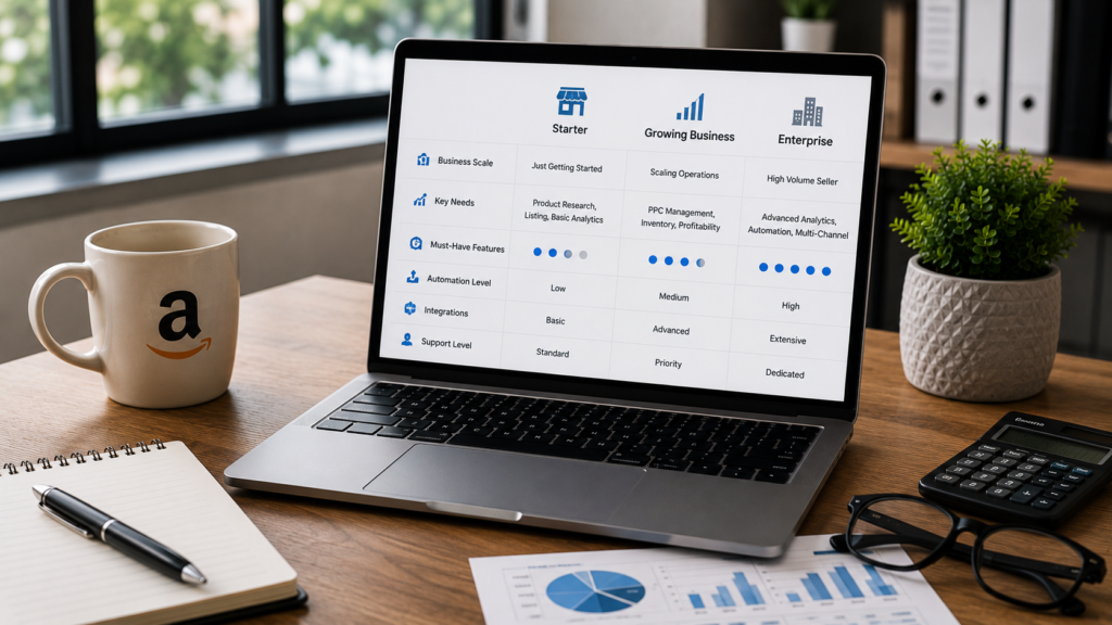Professional Amazon seller software comparison dashboard displayed in a modern office workspace, showing different software solutions matched to business size, sales volume, automation needs, analytics requirements, and growth objectives. Realistic business environment with strategic planning documents, performance reports, and e-commerce management tools.