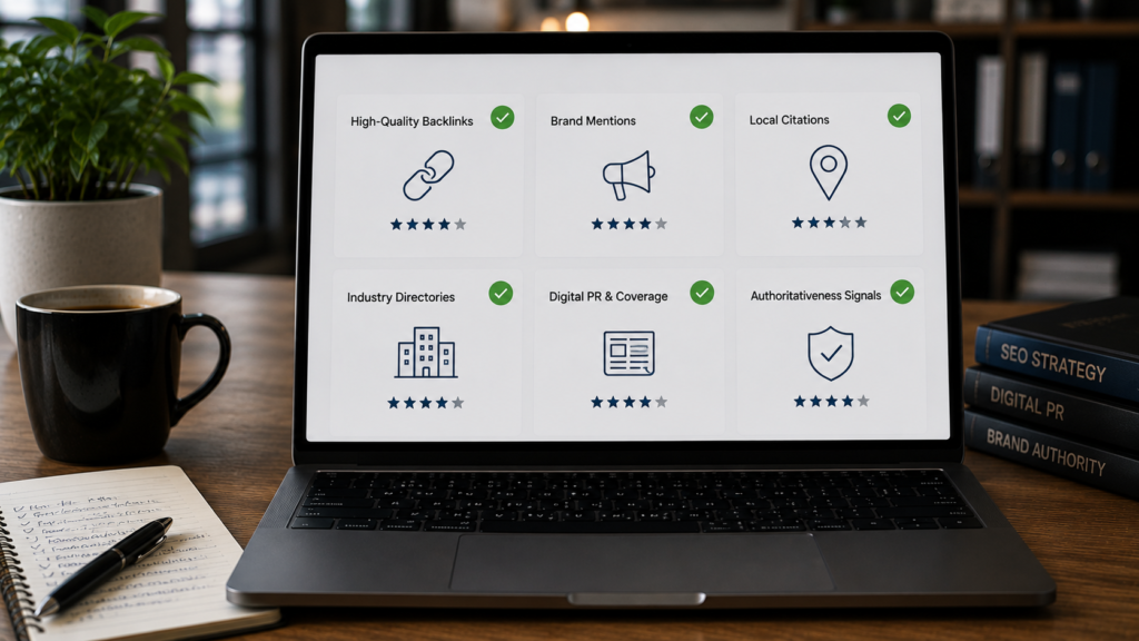 Realistic professional workspace displaying a GEO authority checklist with backlink quality, brand mentions, entity citations, digital PR, trusted sources, and authority signals to improve AI search visibility and generative engine rankings.